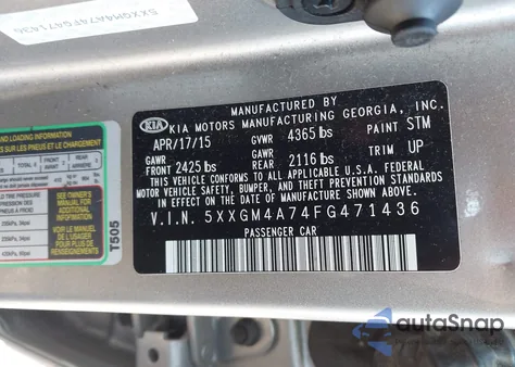 2015 Kia Optima Lx из США, поврежденный, VIN 5XXGM4A74FG471436